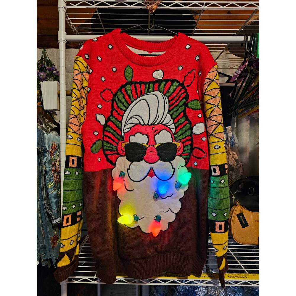 Hipster Santa Light Up Ugly Christmas Sweater Red Brown Geometric Sleeves